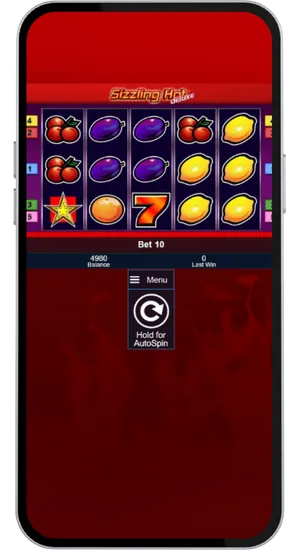 Sizzling Hot Deluxe demo slot base game showing all five reels with fruit symbols and bet controls at the bottom
