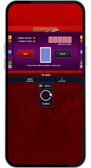 Sizzling Hot Deluxe Gamble feature screen showing a face-down card with Red and Black selection buttons and previous cards displayed