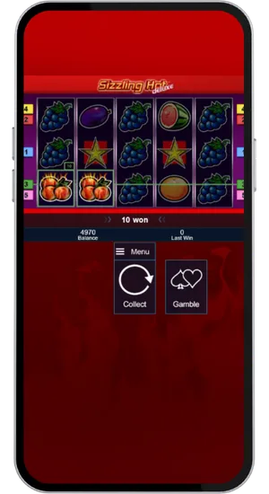 Sizzling Hot Deluxe reels after a winning spin displaying the Collect and Gamble buttons below the game grid